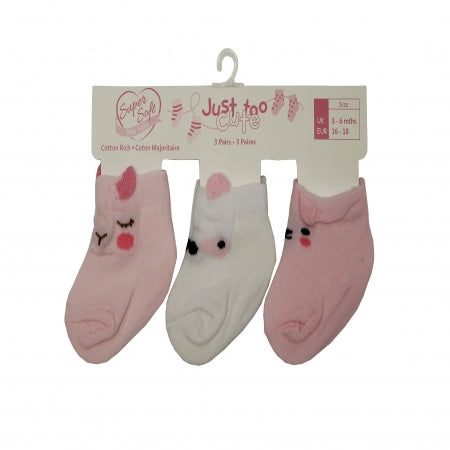Triple Pack Girls Socks - Animals Pink/White (0-12m) 24JTC8962