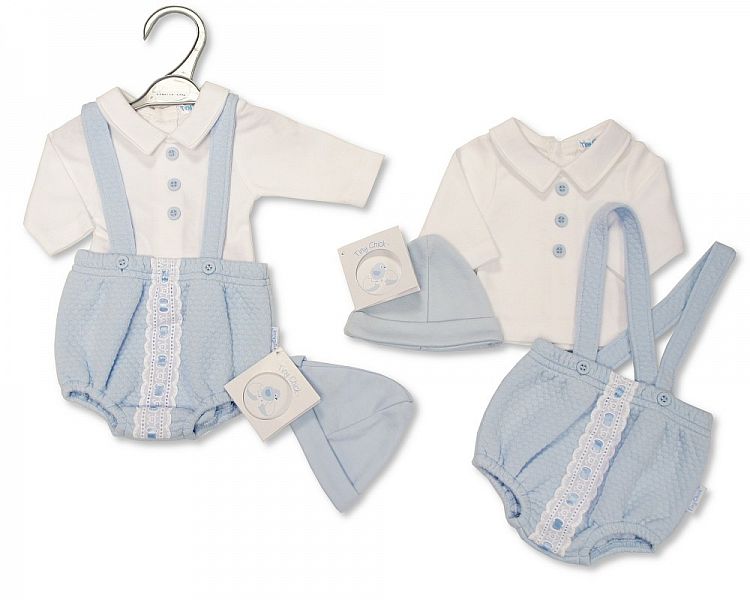 Premature Baby Boys 2 pcs Short Dungaree Set with Lace and Hat-Pb-20-368s