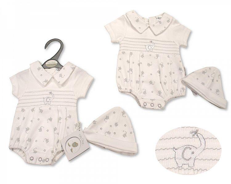 Smocked Premature Baby Romper with Hat - Elephant (3-5 to 5-8Lbs) Pb-20-531 - Kidswholesale.co.uk