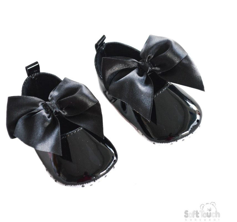 Black Shiny PU Shoes W/Large Satin Bow-B2228-B