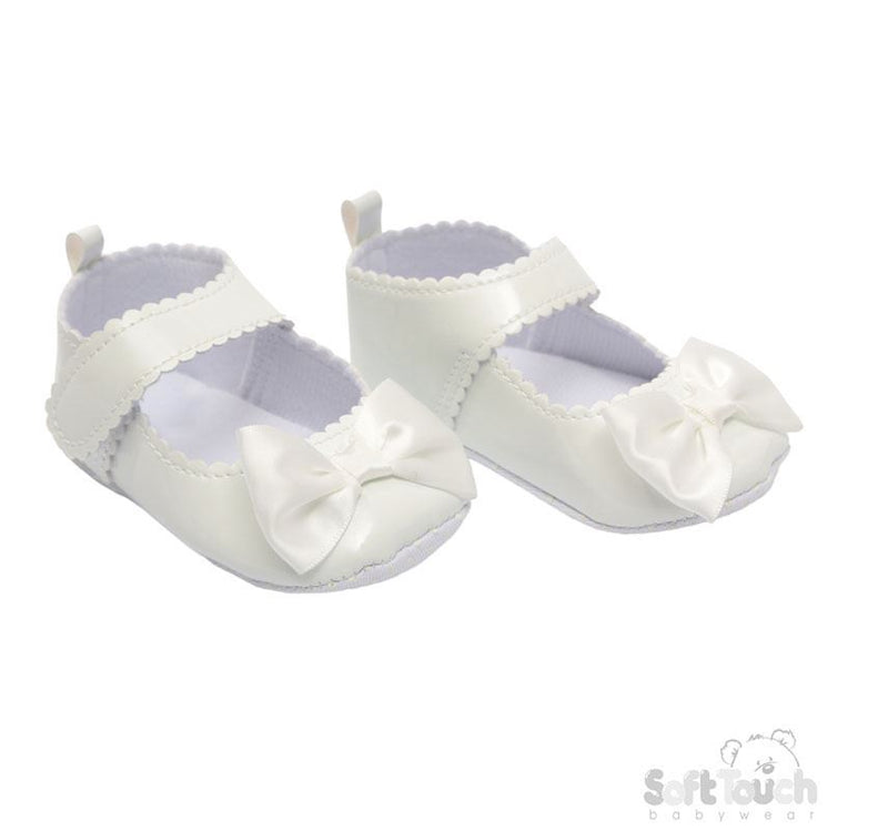 White Shiny Scallaped PU Shoes w/Satin Bow: B2275-W