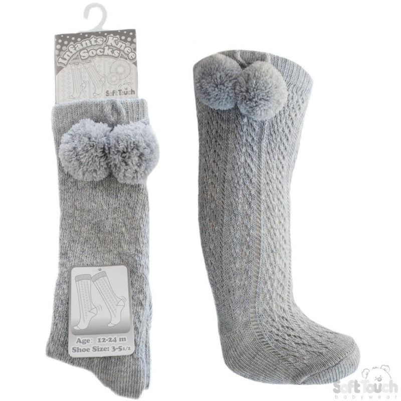 Grey Infants Pelerine Knee-Length Socks W/Pom Pom - 0-24 Months - PS04-G - Kidswholesale.co.uk