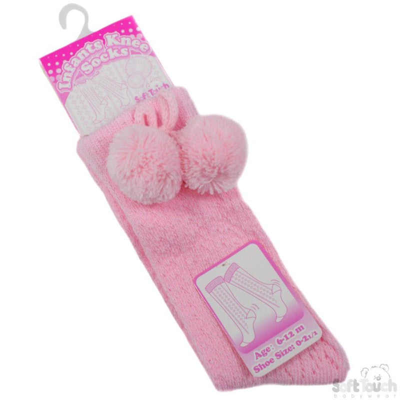 Pink Infants Pelerine Knee-Length Socks W/Pom Pom - 0-24 Months - PS04-P - Kidswholesale.co.uk