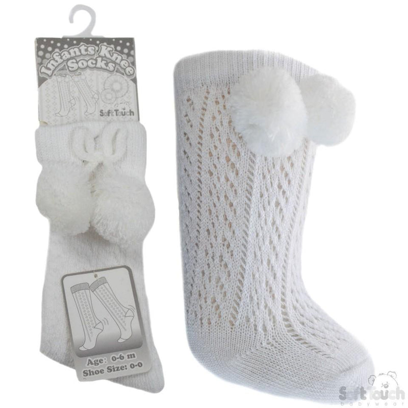 White Infants Pelerine Knee-Length Socks W/Pom Pom - 0-24 Months - PS04-W - Kidswholesale.co.uk
