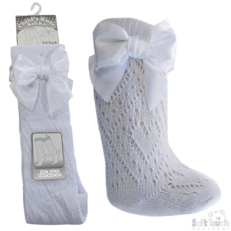 White Infants Pelerine Knee-Length Socks W/Bow - 0-24 Months - PS06-W - Kidswholesale.co.uk