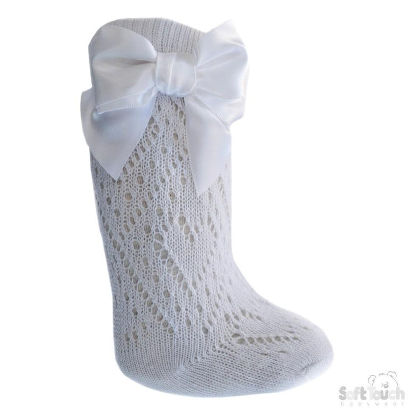 White Infants Pelerine Knee-Length Socks W/Bow - 0-24 Months - PS06-W - Kidswholesale.co.uk