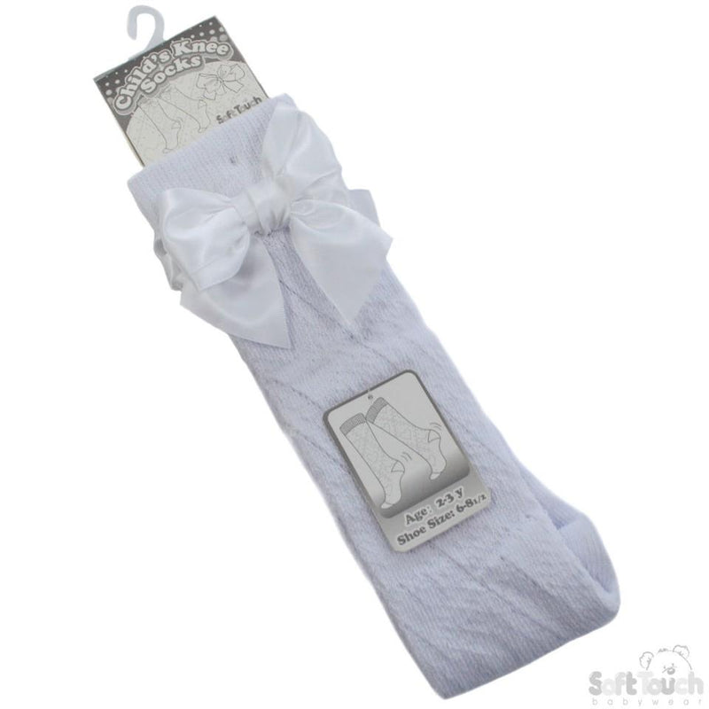 Children White Pelerine Knee-Length Socks W/Bow - 2-6 Years - PS16-W - Kidswholesale.co.uk