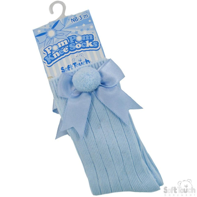 Blue Infants Ribbed Knee-Length Pom-Pom Socks W/Satin Bow: S107-B - Kidswholesale.co.uk