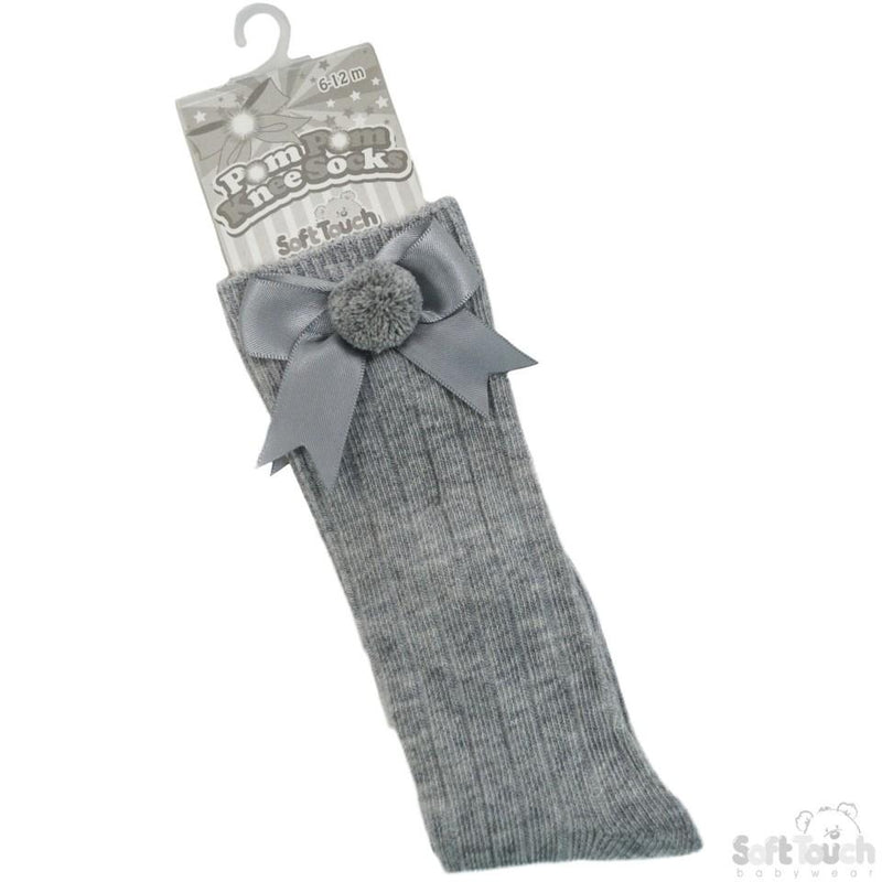 Grey Infants Ribbed Knee-Length Pom-Pom Socks W/Satin Bow: S107-G - Kidswholesale.co.uk