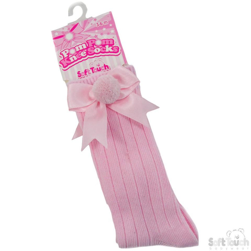 Pink Infants Ribbed Knee-Length Pom-Pom Socks W/Satin Bow: S107-P - Kidswholesale.co.uk