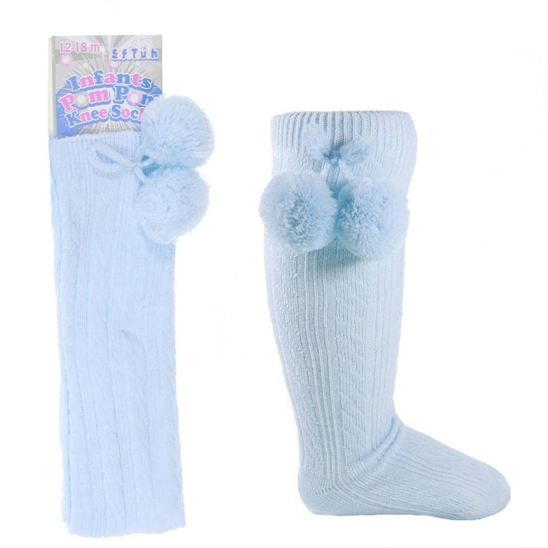 Children's Ribbed Knee-Length Pom Pom Socks - Sky (12-24 Months) S108-B - Kidswholesale.co.uk