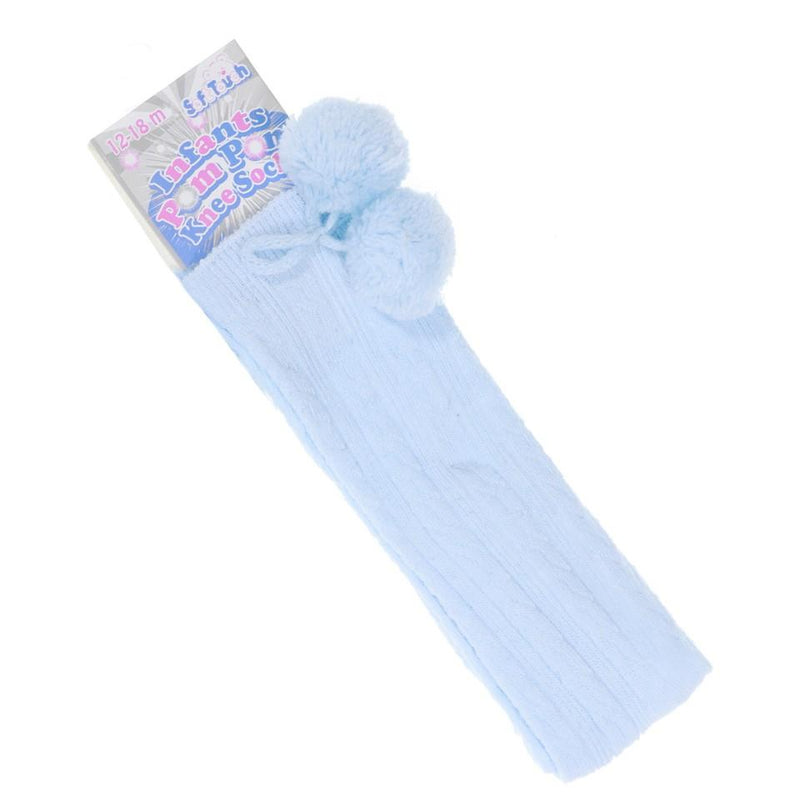 Children's Ribbed Knee-Length Pom Pom Socks - Sky (12-24 Months) S108-B - Kidswholesale.co.uk