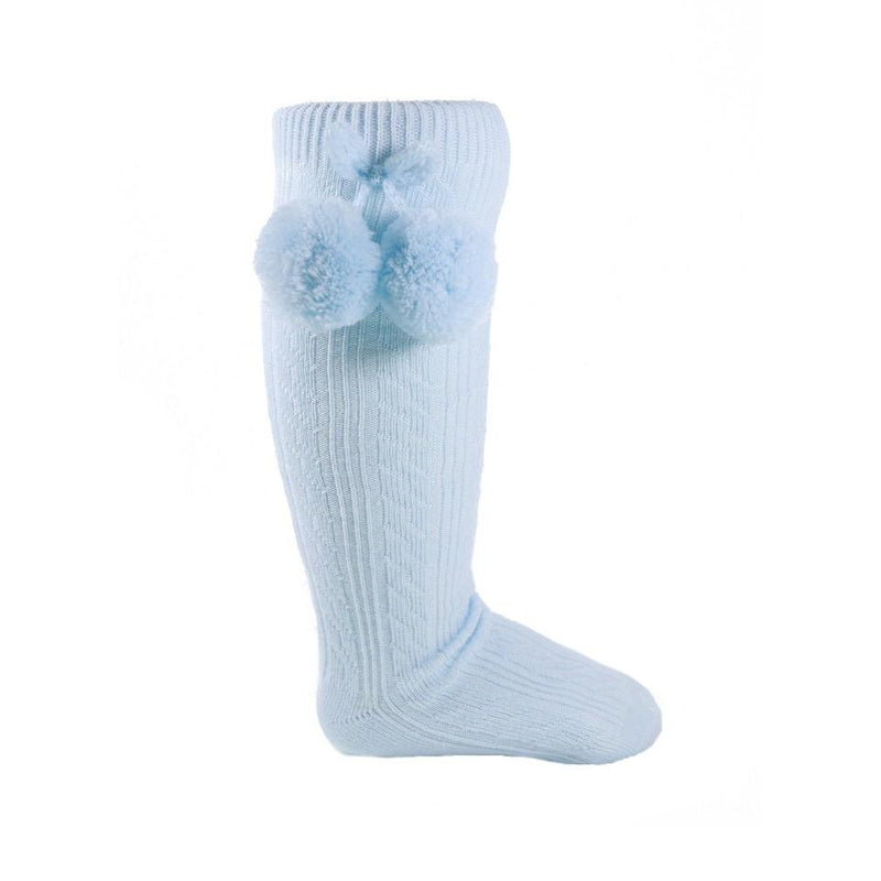 Children's Ribbed Knee-Length Pom Pom Socks - Sky (12-24 Months) S108-B - Kidswholesale.co.uk