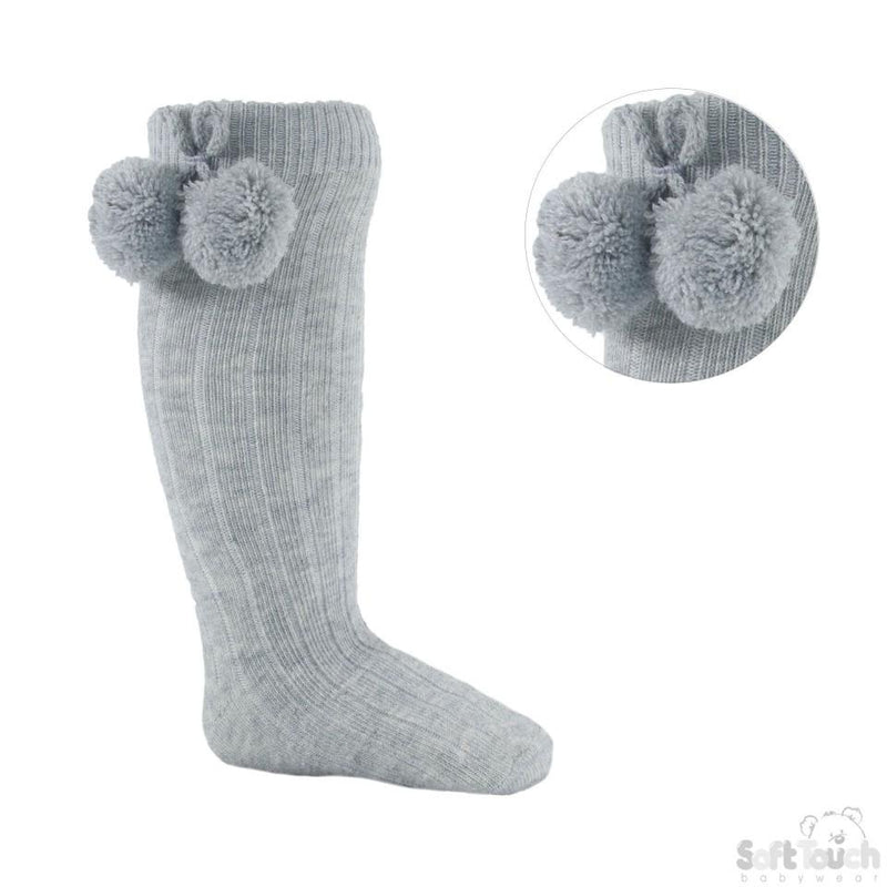 Children's Ribbed Knee-Length Pom Pom Socks - Grey (12-24 Months) S108-G - Kidswholesale.co.uk