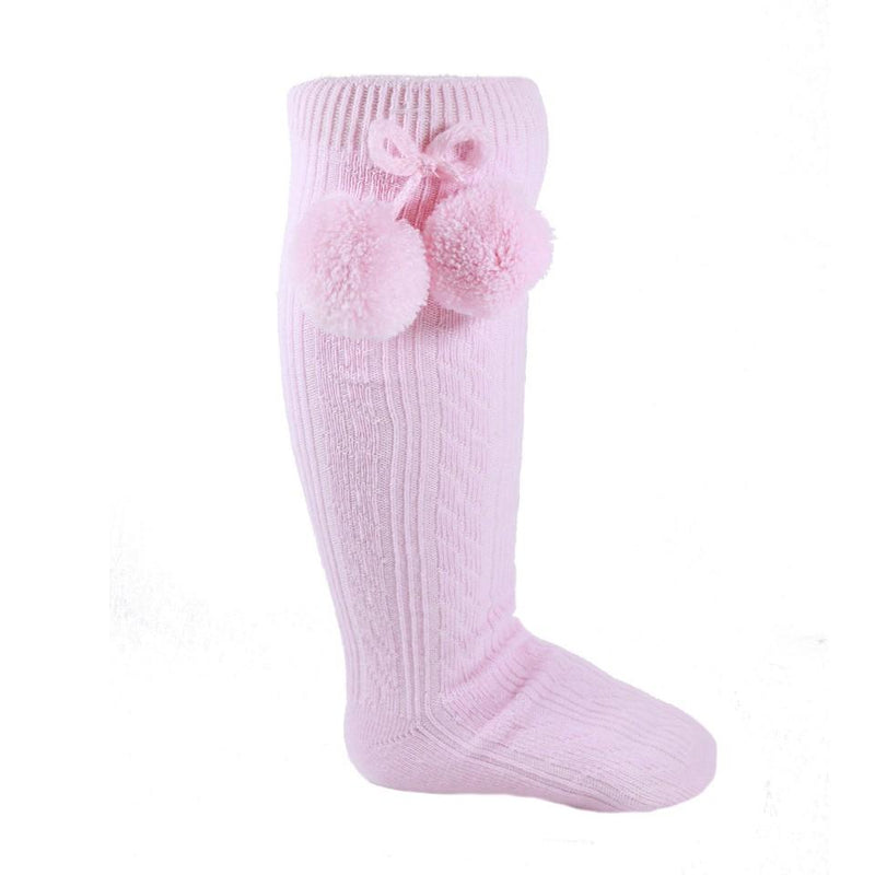 Children's Ribbed Knee-Length Pom Pom Socks - Pink (12-24 Months) S108-P - Kidswholesale.co.uk