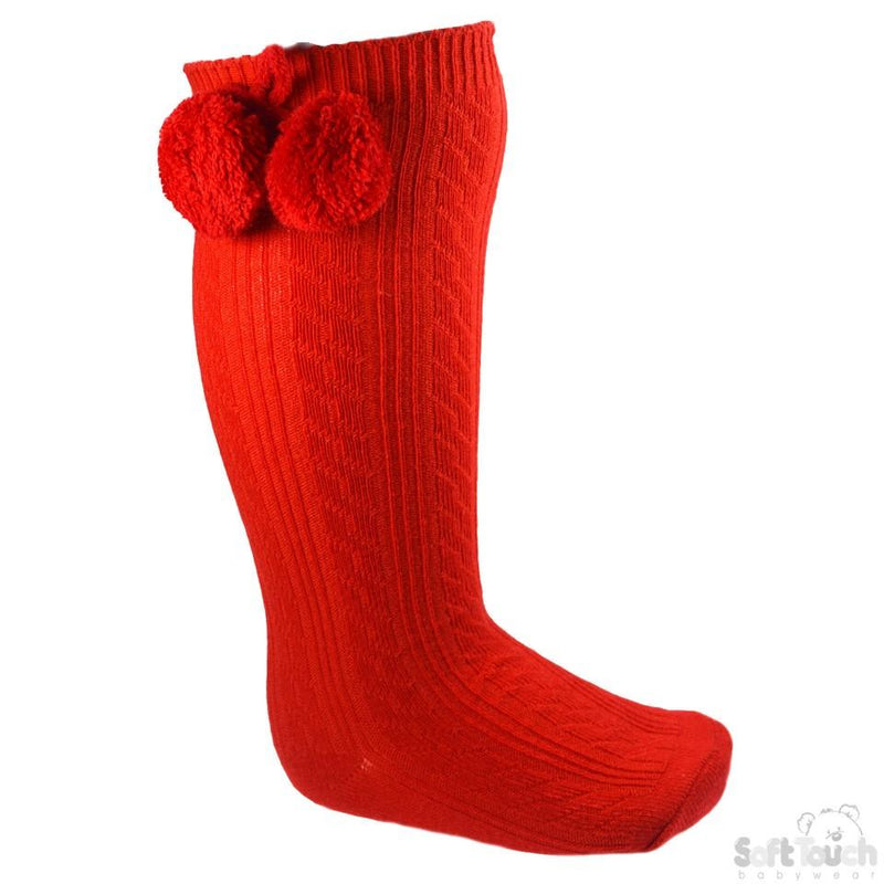 Children's Ribbed Knee-Length Pom Pom Socks - Red (12-24 Months) S108-R - Kidswholesale.co.uk