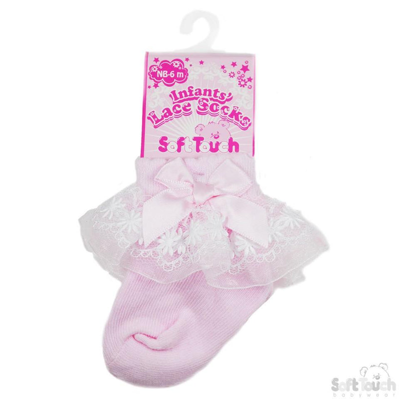 Lace Socks w/Flower Trim & Bow (NB-18 Months) S115-P - Kidswholesale.co.uk