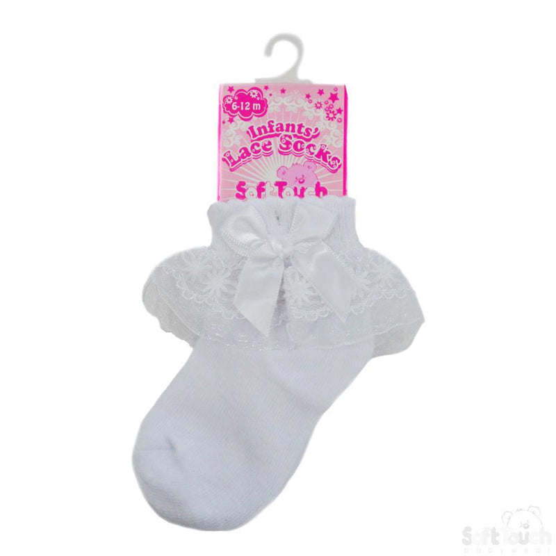 Lace Socks w/Flower Trim & Bow (NB-18 Months) S115-W - Kidswholesale.co.uk