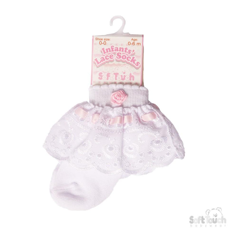WHITE ANKLE SOCKS W/LACE & ROSE (0-24 Months) S322-P - Kidswholesale.co.uk