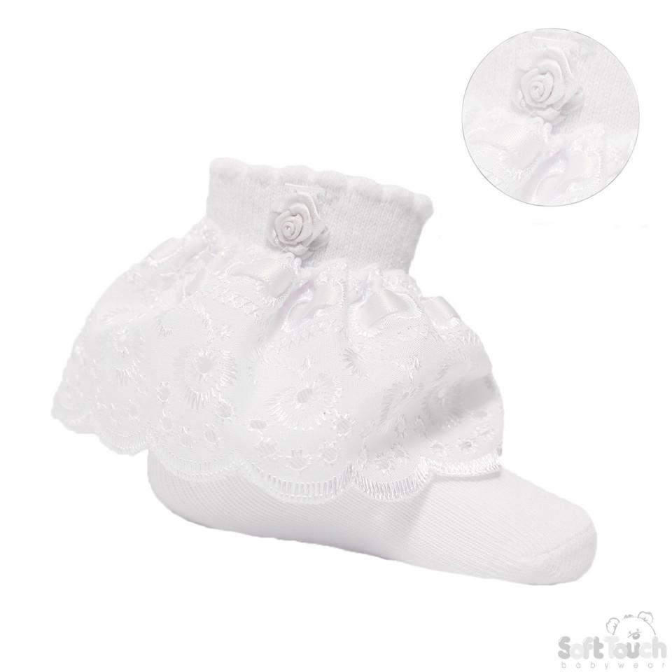 WHITE ANKLE SOCKS W/ LACE & ROSE (0-24 Months) S322-W - Kidswholesale.co.uk