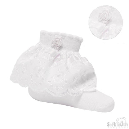 WHITE ANKLE SOCKS W/ LACE & ROSE (0-24 Months) S322-W - Kidswholesale.co.uk