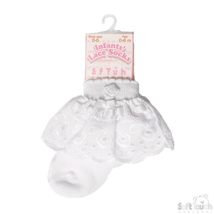 WHITE ANKLE SOCKS W/ LACE & ROSE (0-24 Months) S322-W - Kidswholesale.co.uk