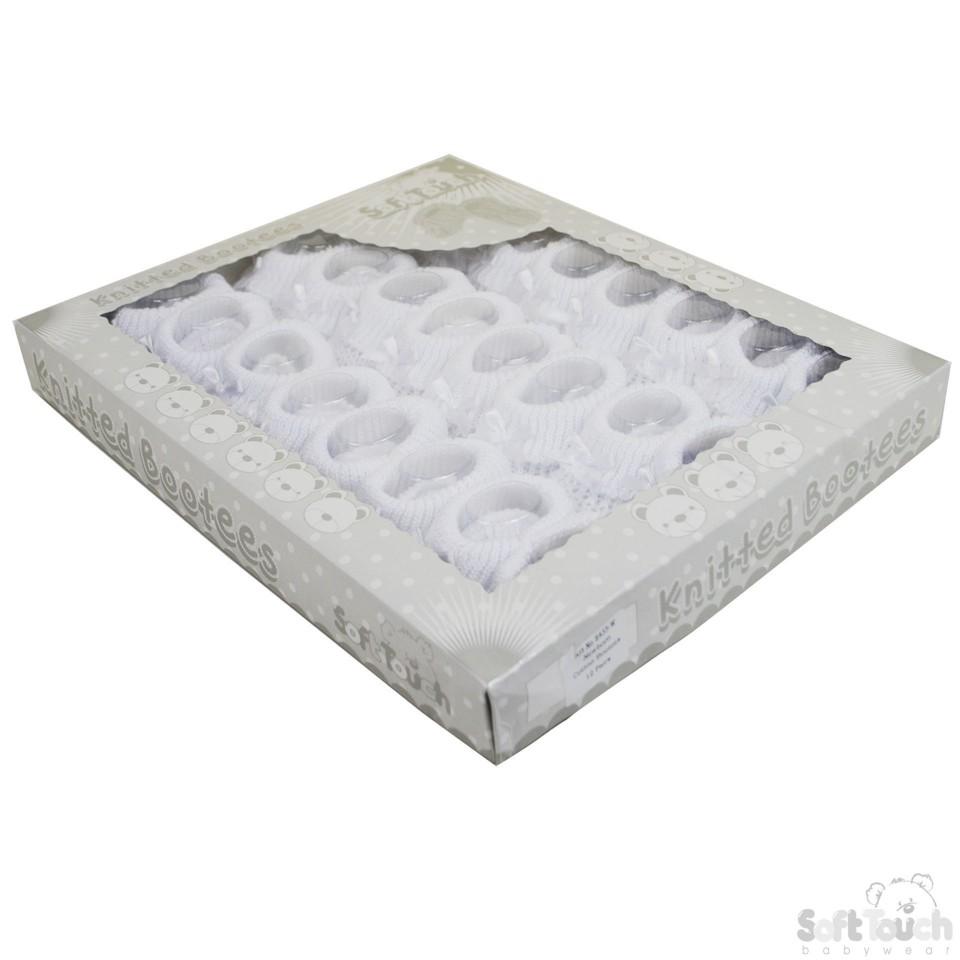 WHITE COTTON BABY BOOTEES W/BOW - S435-W - Kidswholesale.co.uk