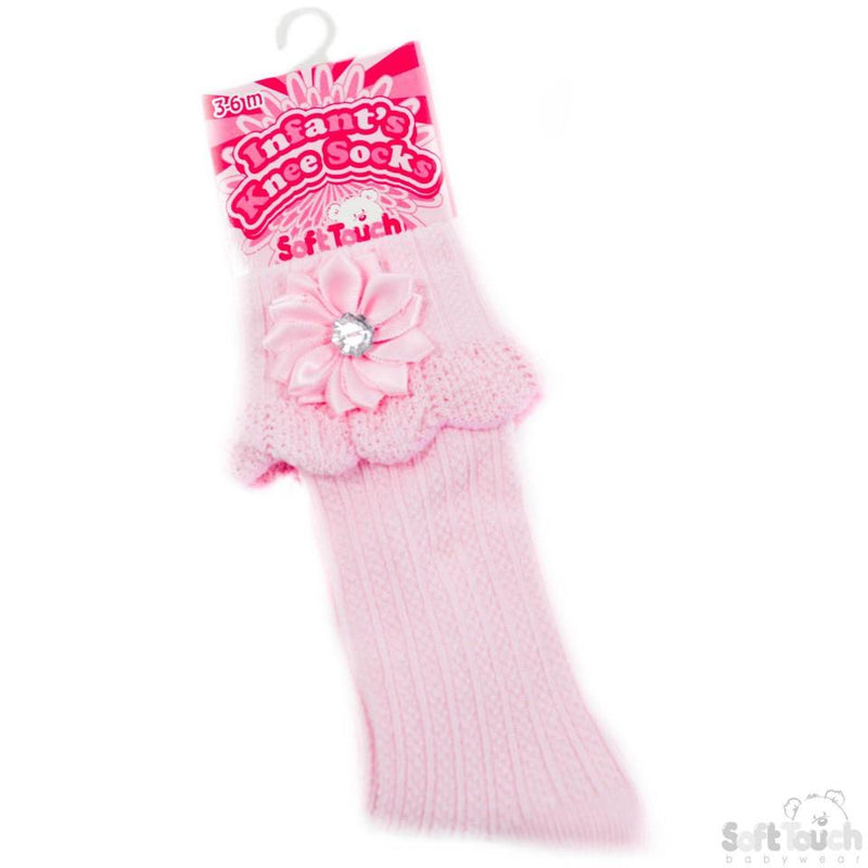 Ribbed Knee Length Socks W/Satin Flower & Diamonte: S48-P - Kidswholesale.co.uk