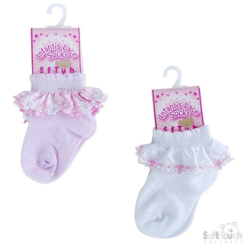 Plain Socks W/Satin Lace & Flower Trim (S54) - Kidswholesale.co.uk