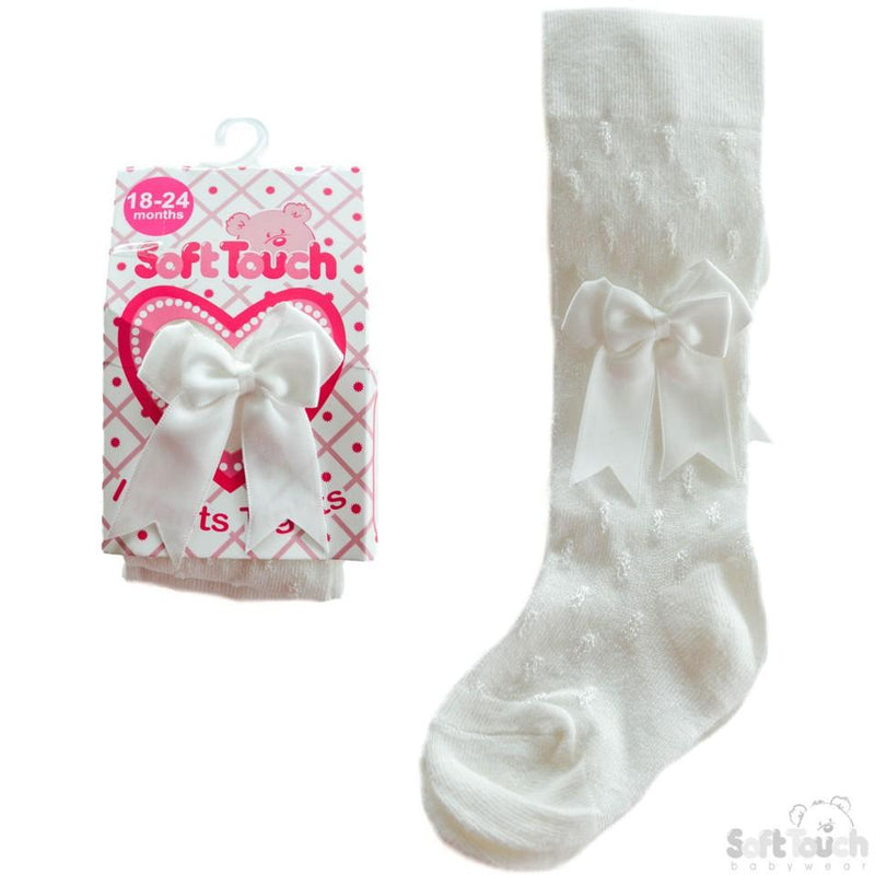 Cream Shiny Tights W/Double Bow: (T40-C) NB-12 Months - Kidswholesale.co.uk
