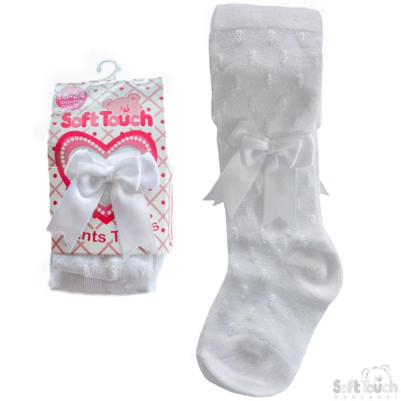 White Shiny Tights W/Double Bow: (T40-W) NB-12 Months - Kidswholesale.co.uk