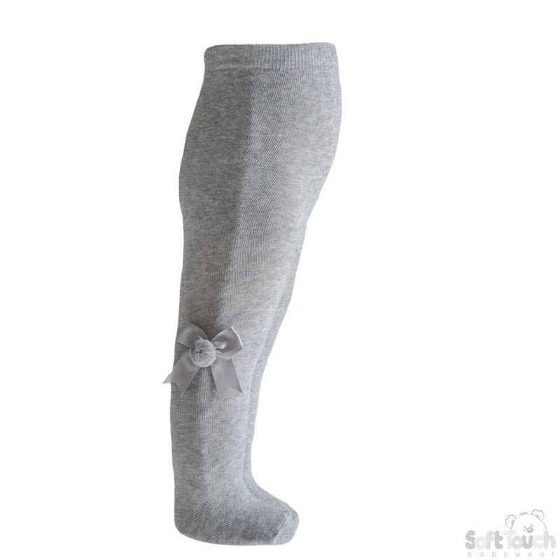 Plain Grey Tights With Matching Bow And Pom Pom - NB-24 Months - T41-G - Kidswholesale.co.uk