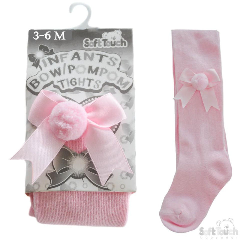 Plain Pink Tights With Matching Bow And Pom Pom - NB-24 Months - T41-P - Kidswholesale.co.uk