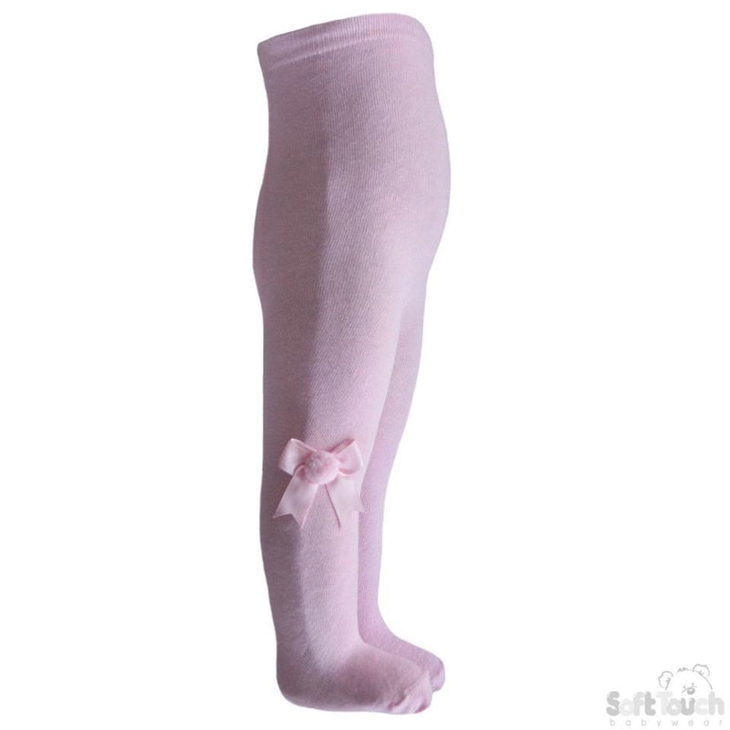 Plain Pink Tights With Matching Bow And Pom Pom - NB-24 Months - T41-P - Kidswholesale.co.uk
