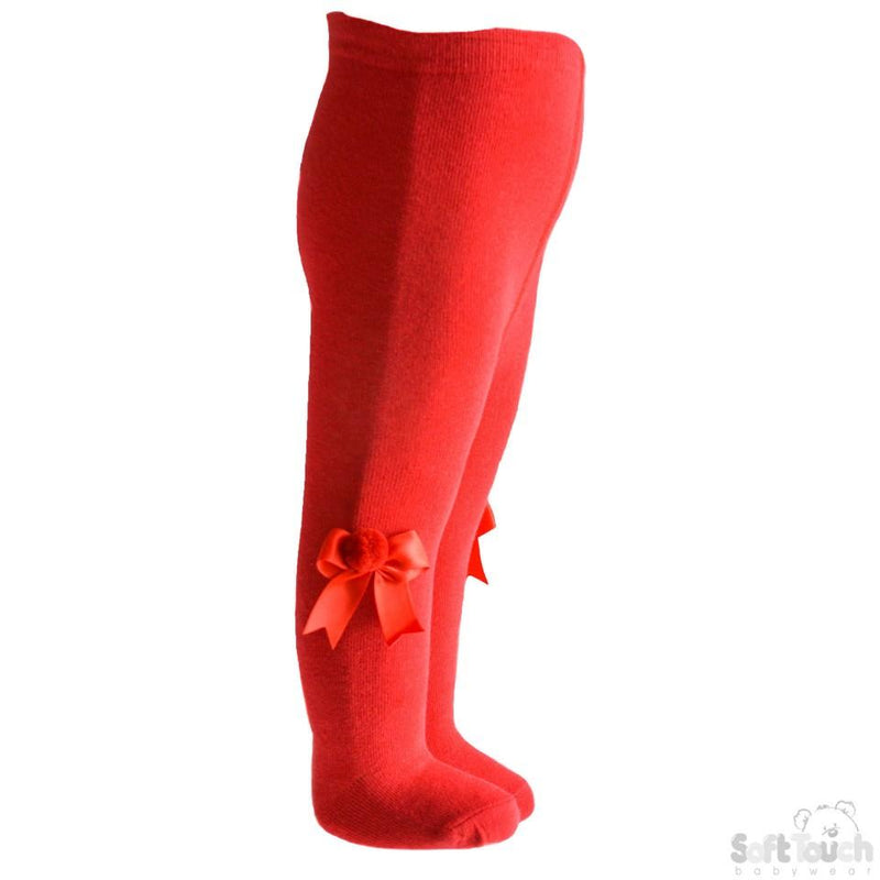 Plain Red Tights With Matching Bow And Pom Pom - NB-24M - T41-R - Kidswholesale.co.uk