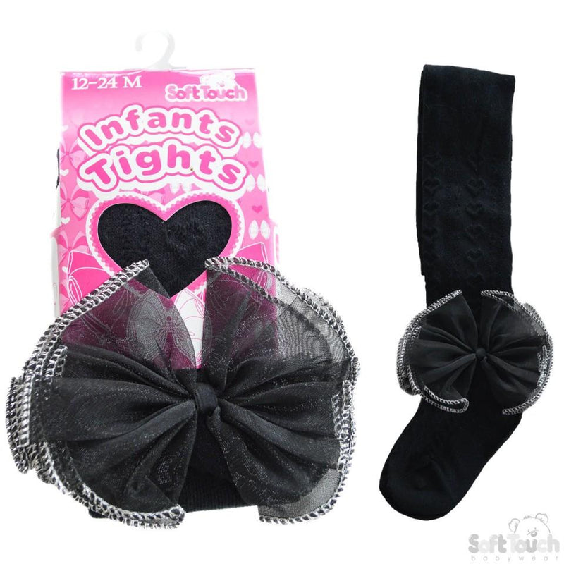 Black Hearts Jacquard Tights With Large Organza Bow - NB-24M - T43-blk - Kidswholesale.co.uk