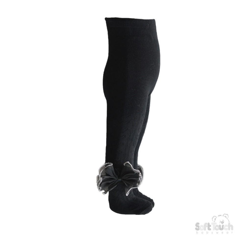 Black Hearts Jacquard Tights With Large Organza Bow - NB-24M - T43-blk - Kidswholesale.co.uk