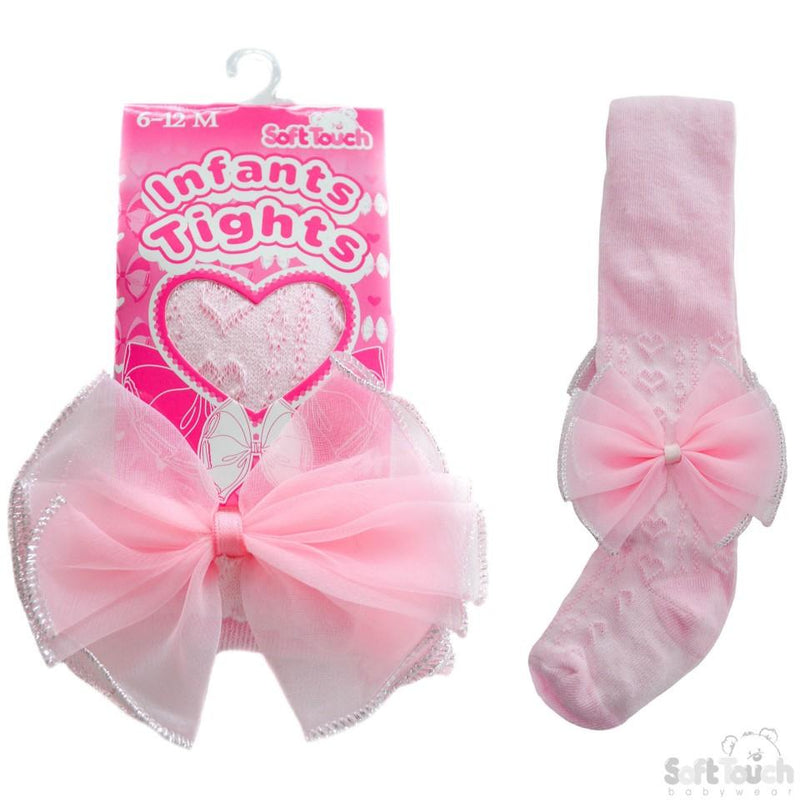 Pink Hearts Jacquard Tights With Large Organza Bow - NB-24M - T43-P - Kidswholesale.co.uk