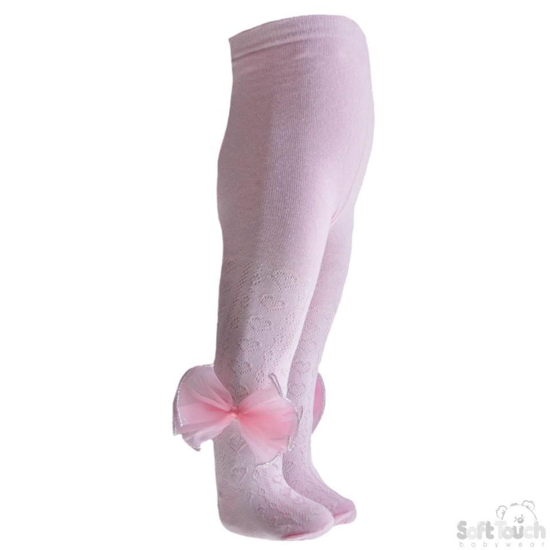 Pink Hearts Jacquard Tights With Large Organza Bow - NB-24M - T43-P - Kidswholesale.co.uk