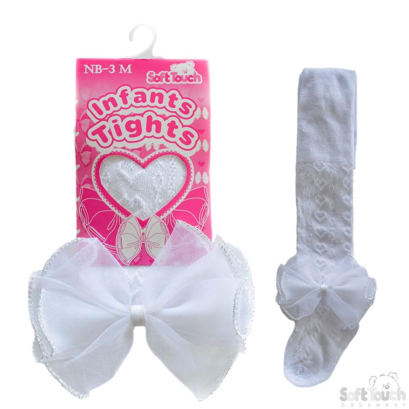 White Hearts Jacquard Tights With Large Organza Bow - NB-24M - T43-W - Kidswholesale.co.uk