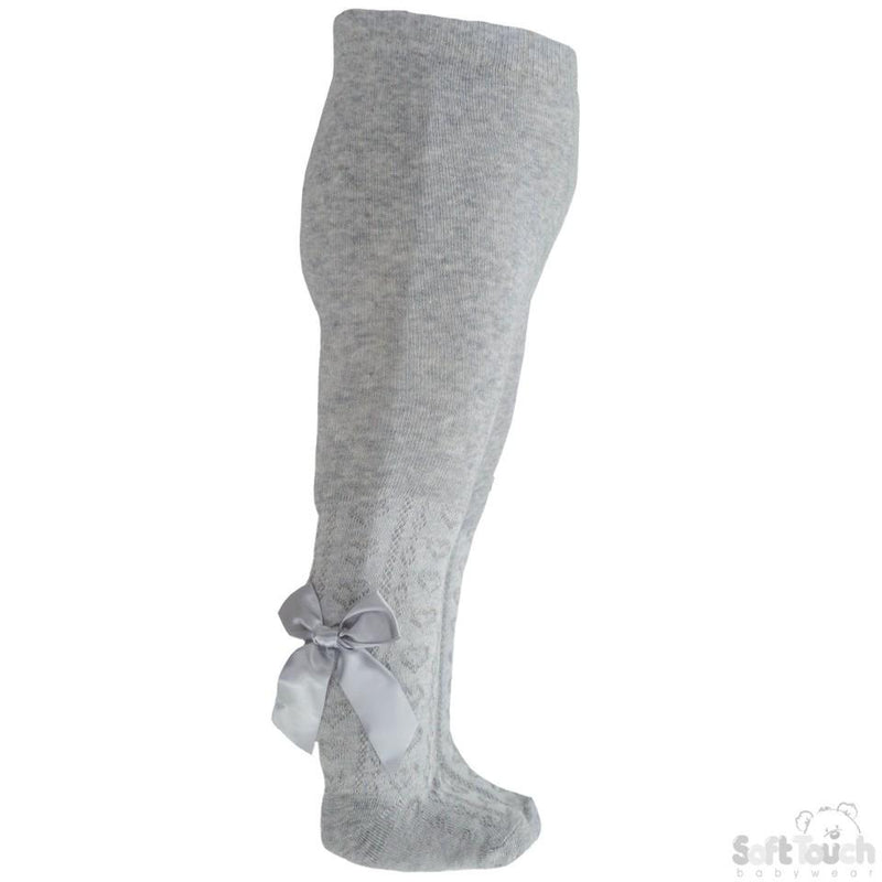 Girls Grey Hearts Jacquard Tights W/Long Bow - 2-5 Years - T51-G - Kidswholesale.co.uk