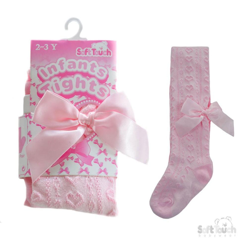 Girls Pink Hearts Jacquard Tights W/Long Bow - 2-5 Years - T51-P - Kidswholesale.co.uk