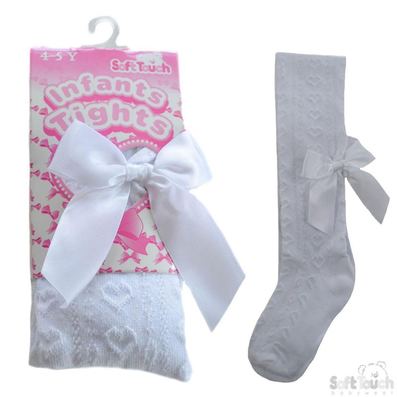 Girls White Hearts Jacquard Tights W/Long Bow - 2-5 Years - T51-W - Kidswholesale.co.uk