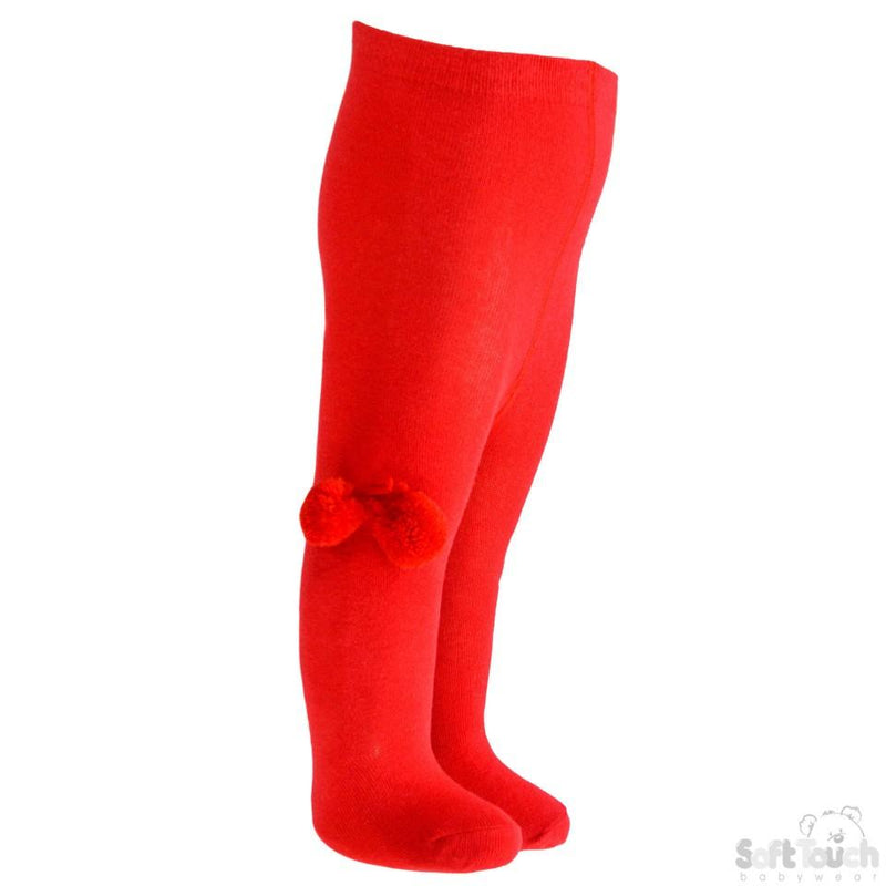 Girls Plain Red Tights With Pom Pom - 18M-5 Years - T53-R - Kidswholesale.co.uk